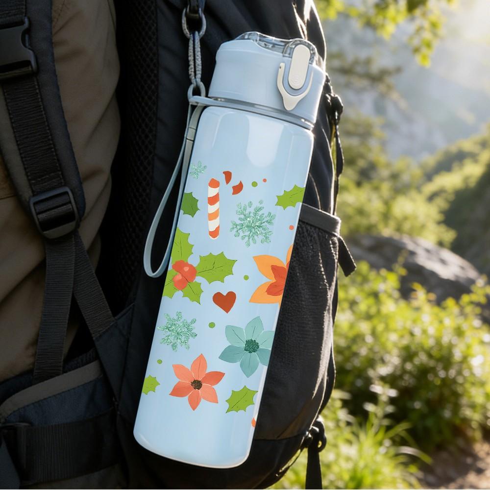 1PC Multicolor Floral Heart Print 750ml Color Plastic Sports Water Bottle Leakproof Flip Straw Lid Suitable for Sports Office Home Use