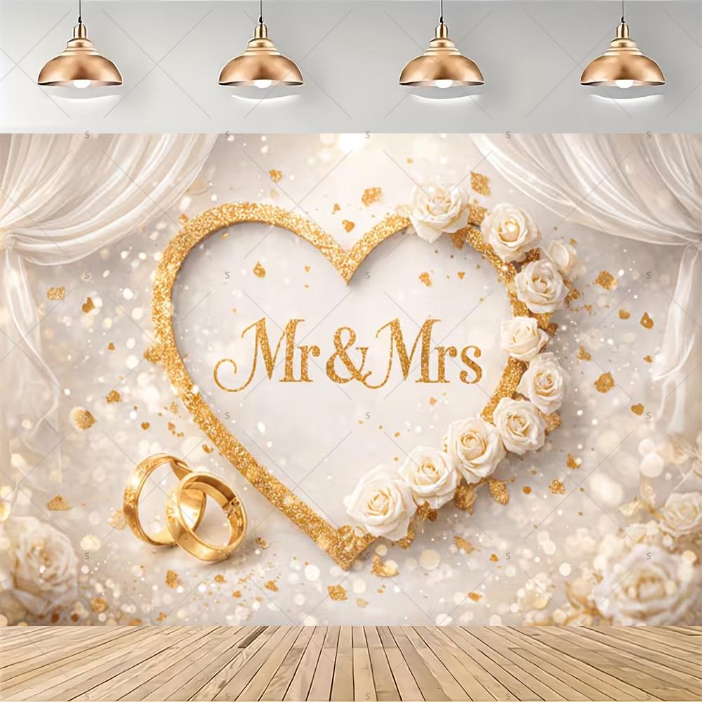 Elegant floral garland, Mr & Mrs theme, gold background, ribbon, wedding party decoration, backdrop, photography supplies2070