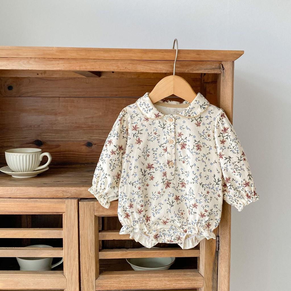 Autumn 2024 Baby Girl Cotton Romper: Printed, Lapel, Puff Sleeves, Long Sleeve, Loose Fit, Triangle Design for Crawling.