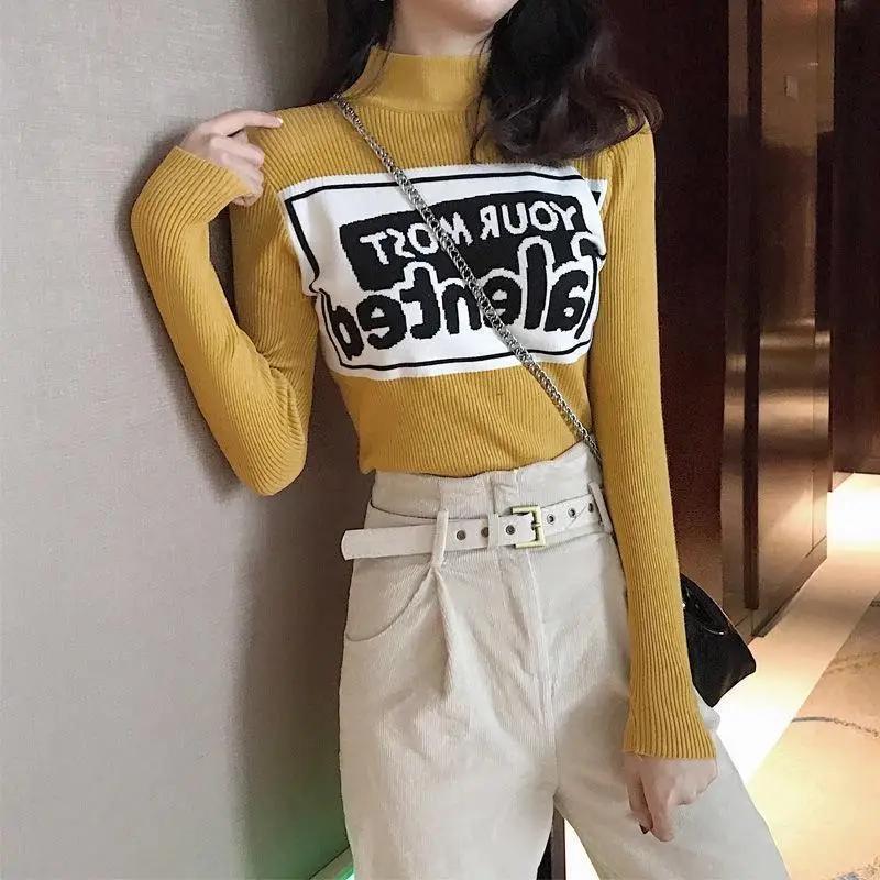 

Knitted Sweater Elegant Chic High Collar Long Sleeve Slim Pullovers Women Clothing Korean Fashion Letter Patchwork Basic Ribbed OneSize жовтий