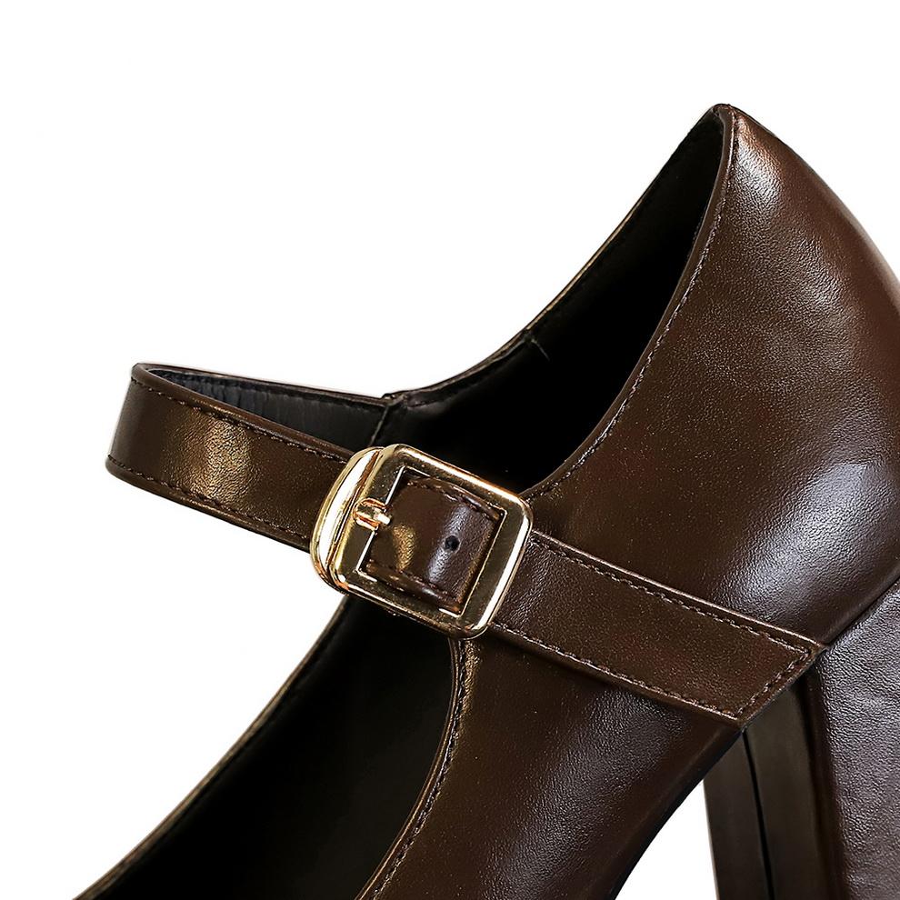 Talon épais, Talon carré, Talon haut, Plateforme imperméable, Bout carré, Décolleté bas, Boucle de ceinture, Bride droite, Chaussure simple pour femme