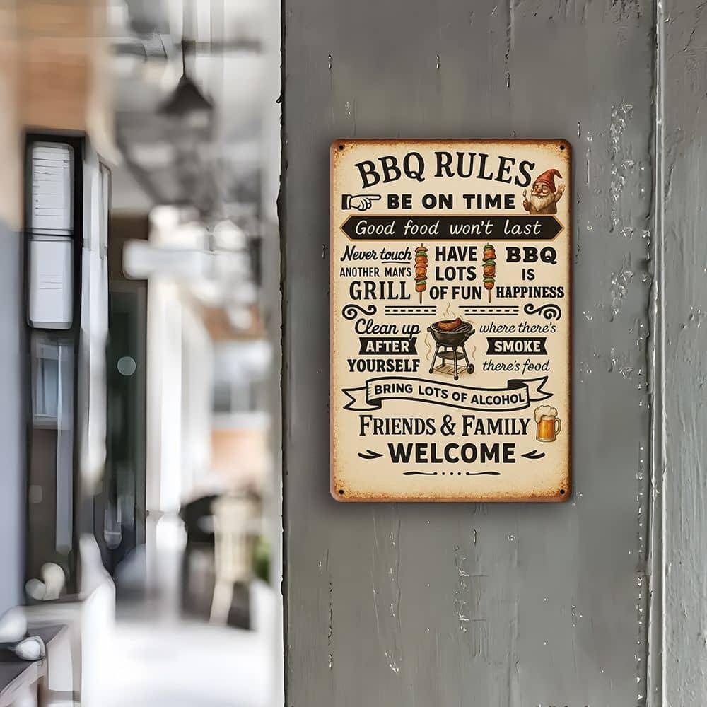 Vintage BBQ Rules Metal Sign (20x30 Cm). Rustic Iron Wall Decor with Humorous Art for Home Bar, Patio, or Restaurant.
