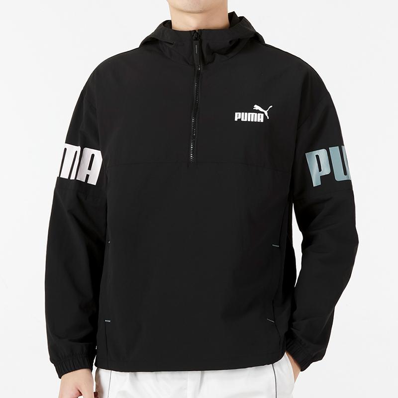 Puma Solid Color Logo Print Hooded Half Zip Jacket Men Jackets Black 670926-51
