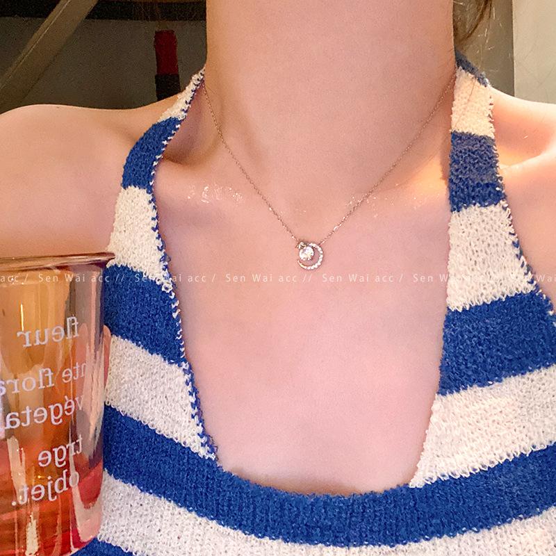 Korean micro-inlaid zircon star and moon pendant titanium steel necklace women s niche collarbone chain neck chain