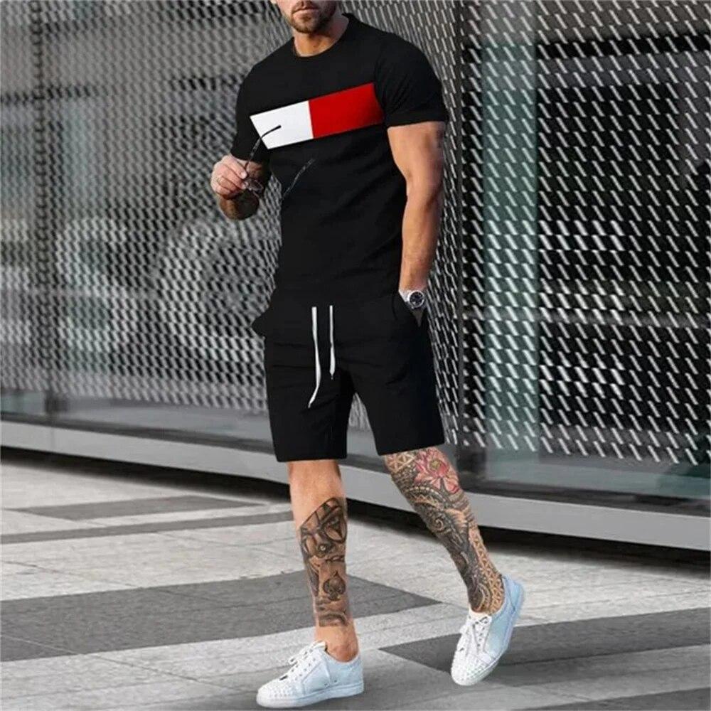 Men's Tracksuit 2 Piece Set Summer Stripe Sport Hawaiian Suit Short Sleeve T Shirt and Shorts Casual Fashion Man Clothing
