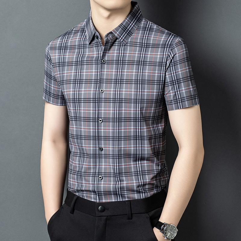 Striped Men's Short Sleeve Shirt Summer New Digital Printing Lapel Plaid Shirt Casual High Elastic Half Sleeve Top