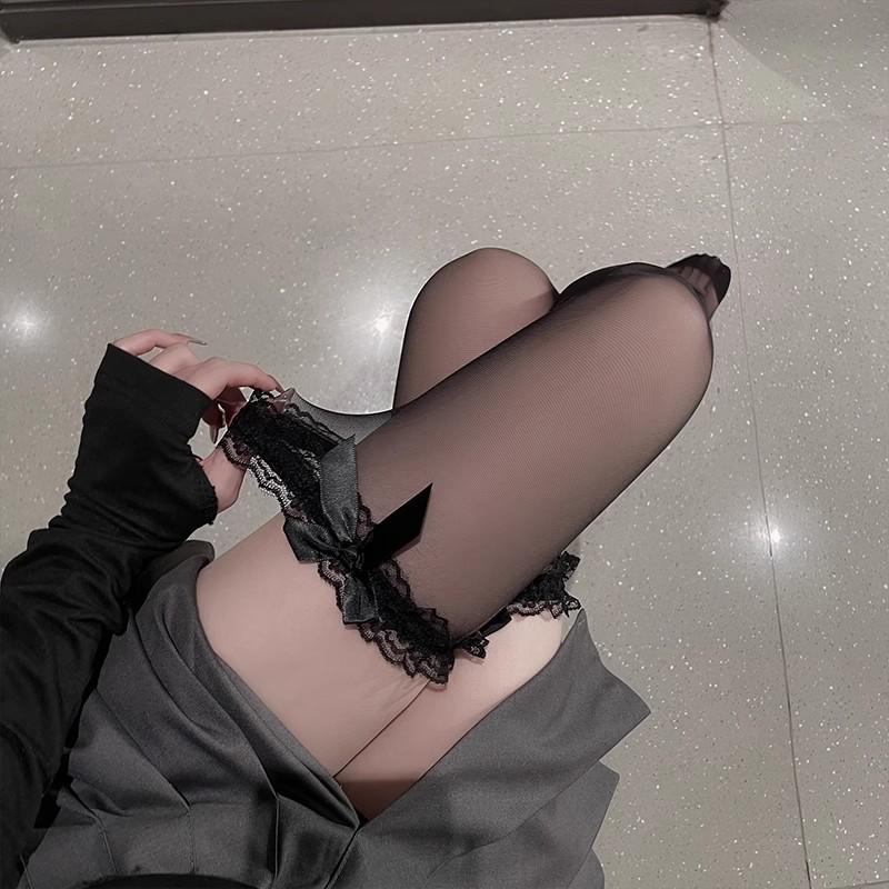 Romantické černé mašle nad kolena krajkové punčochy - Průsvitné bílé síťované letní stehenní punčochy