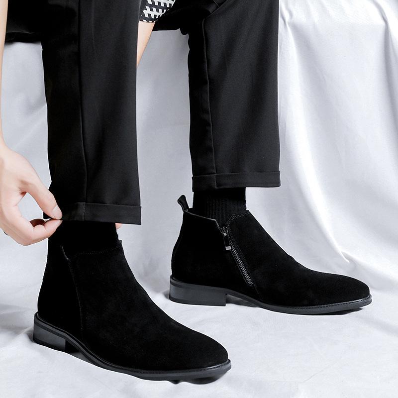 

Мужские повседневные челси в корейском стиле, черные, коричневые, из коровьей замши, обувь, ковбойские ботильоны, весенне-осенние, короткие ботинки, zapatos 270 чёрный