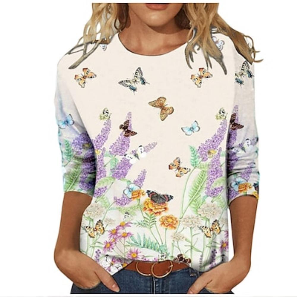 

Женская футболка с принтом бабочек белого, красного, фиолетового цвета, с длинным рукавом, повседневная, базовая, винтажная, с круглым вырезом, обычная, с цветочным принтом, абстрактная живопись, размер S 160