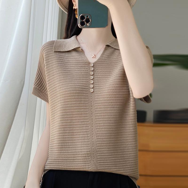 Women Knit T-shirt Summer Knitted Shirt Short Sleeve Tees Turn-down Collar Pullover Knit Tops Female