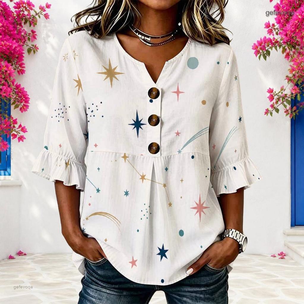 Womens Plus Size V Round Neck Mid Sleeve Front Button Trendy Casual Loose Everyday Ladies Blouse