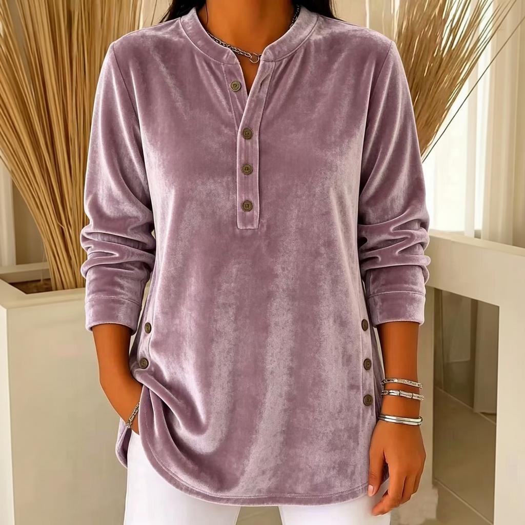 Haut Tunique Velours Femme Coupe Ample Col en V Boutonné Manches Longues