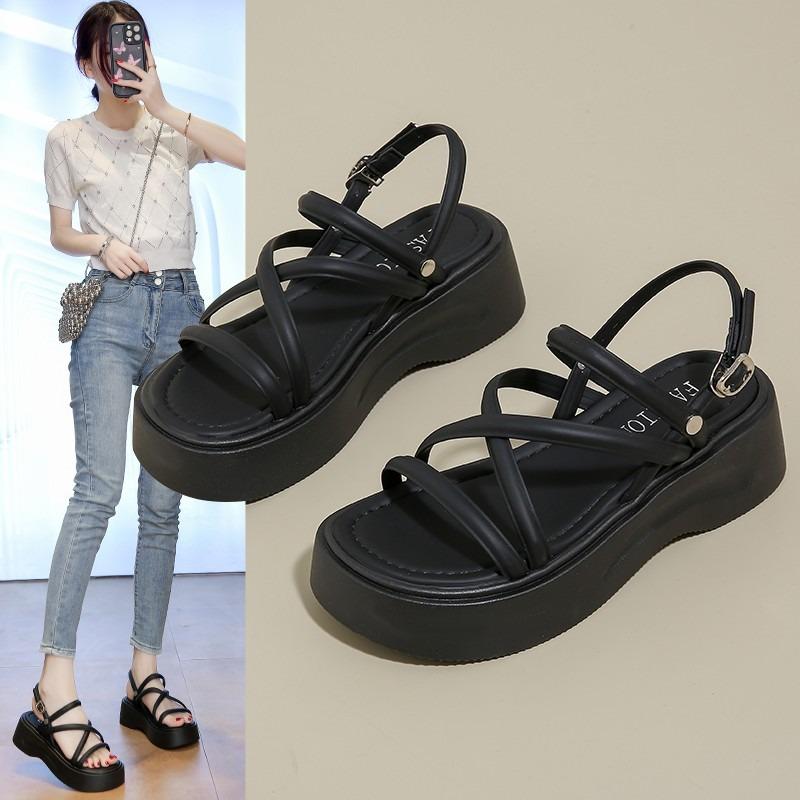 2025 Summer  Platform  Cross Strap Gladiator Shoes Woman Thick Bottom Wedge Heel Sandals for