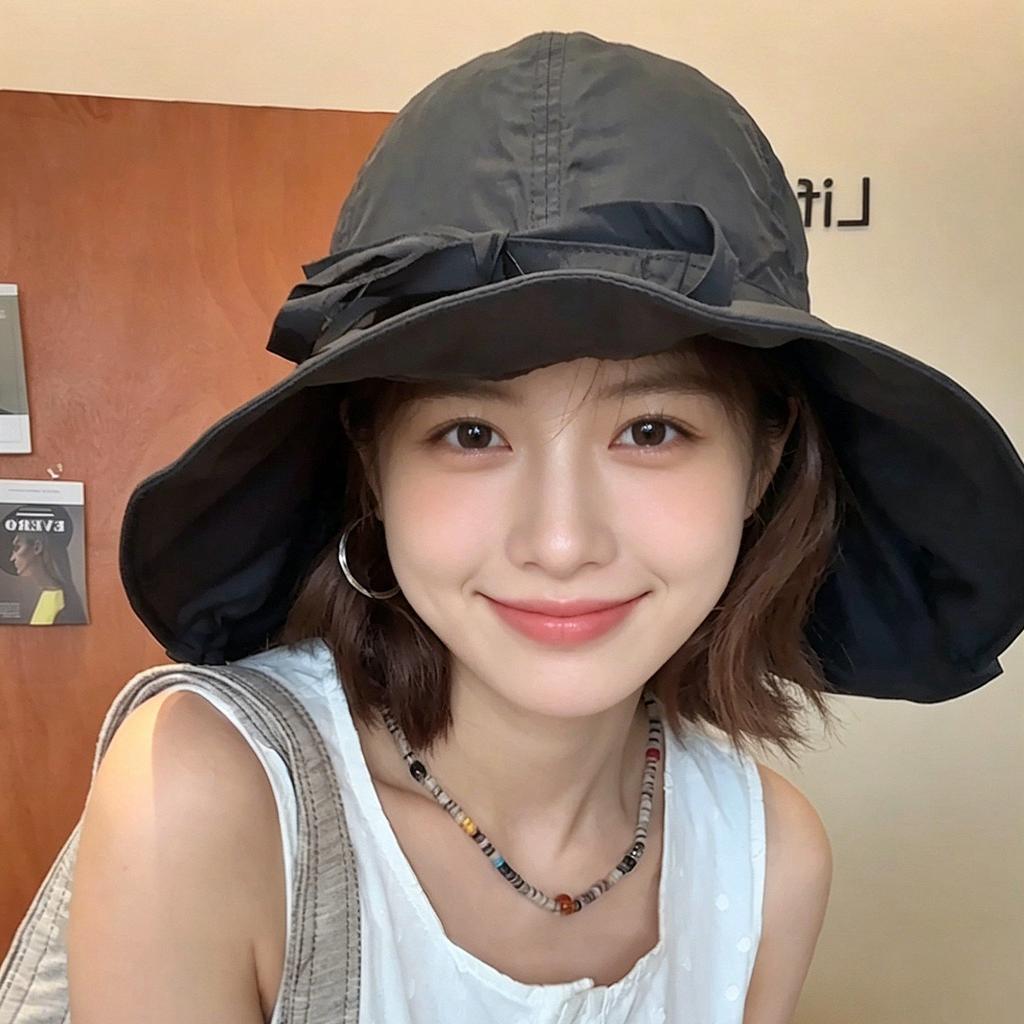 New foldable face cover simple strap bow bucket hat spring and summer versatile face small sun hat