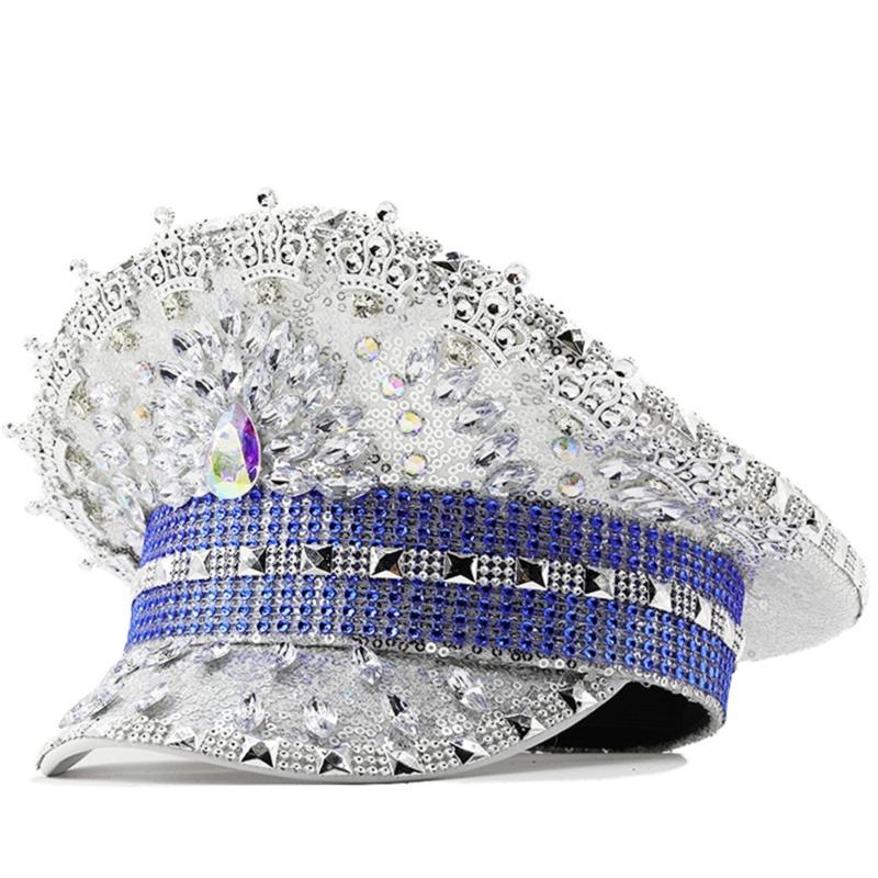 

Блестящая капитанская шляпа, шляпа с тяжелыми хрустальными пайетками для девичника, капитанская шляпа, шляпа невесты для актера, актрисы 1 серебряный