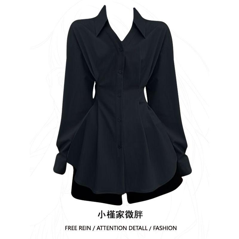 

Autumn Waist-Tight Plus Size Ladies Lapel Chic Black Shirt Blue XL