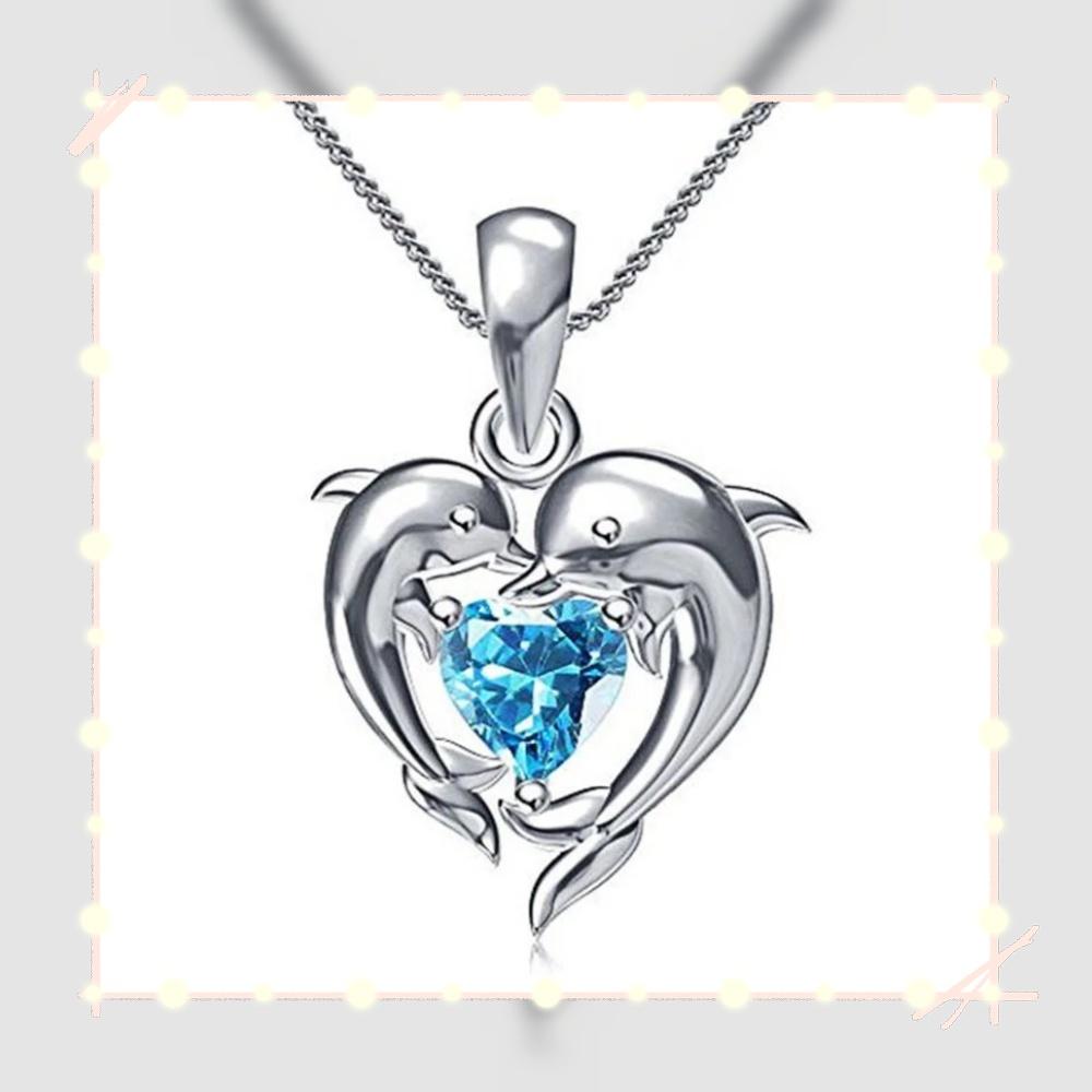 Couple Dolphin with Blue Heart CZ Necklace Women Chic Bride Wedding Clavicle Chain Necklaces Fancy Gift Statement Jewelry