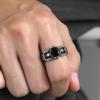 Stainless Steel Double Side Skeleton Holding Up Black Stone Skull Rings for Man Retro Gothic Punk Cool Jewelry Gift for Him
