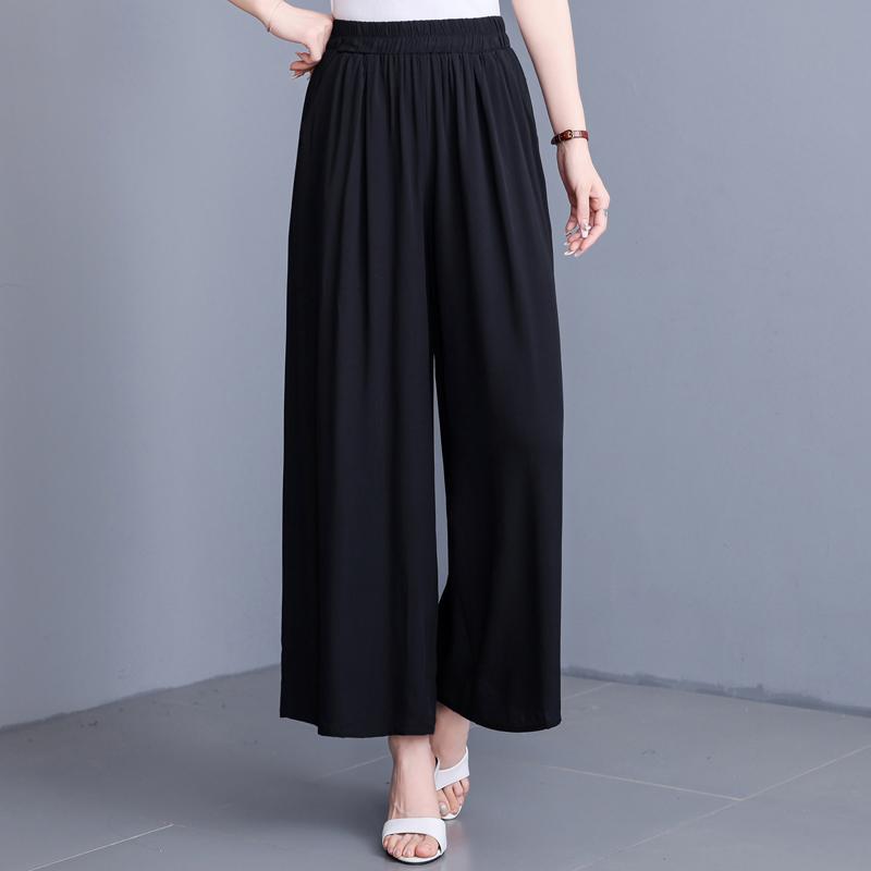 Women's Plus Size Cotton Silk Printed Wide Leg Pants, Elastic Waist Casual Summer Trousers (XL-5XL)