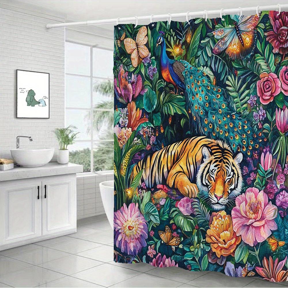 Exotická tygří a páví voděodolná sprchová závěs odolná proti plísním - Tropický květinový design pro luxusní výzdobu koupelny