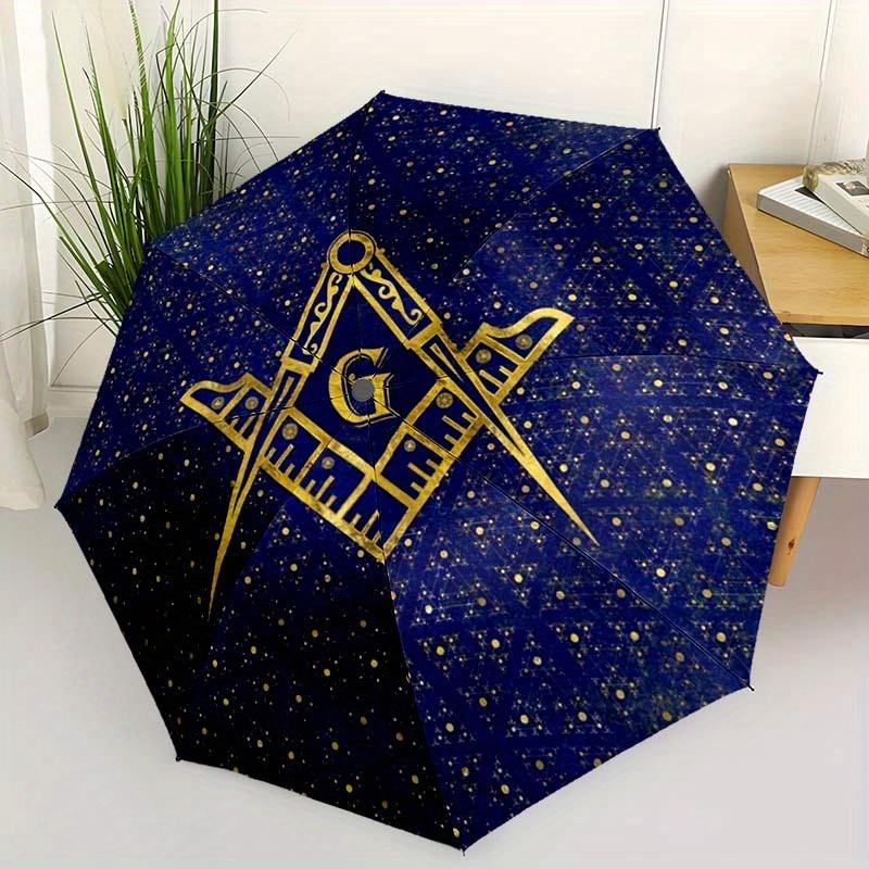 Freemasonry Blue Pattern Print 1pc Automatic Folding Umbrella,Portable&Foldable Design with 8 Ribs,Casual Outdoor Accessor