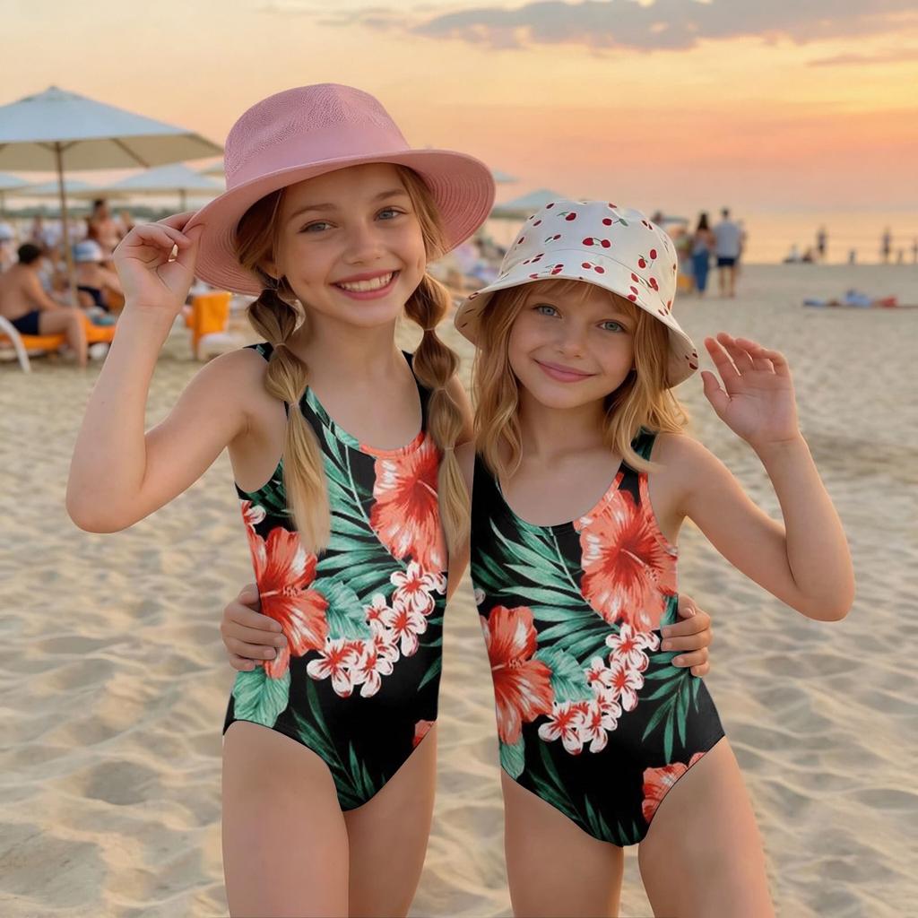 Girls One Piece Swimsuit Hawaiian Floral Print Summer Swimwear Kids Casual Beachwear Pool Outfit for Children