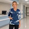 Women's Floral Print V Neck Medical Scrub Top with Pockets Side Slits and Three Quarter Sleeves Lightweight Comfortable Fit