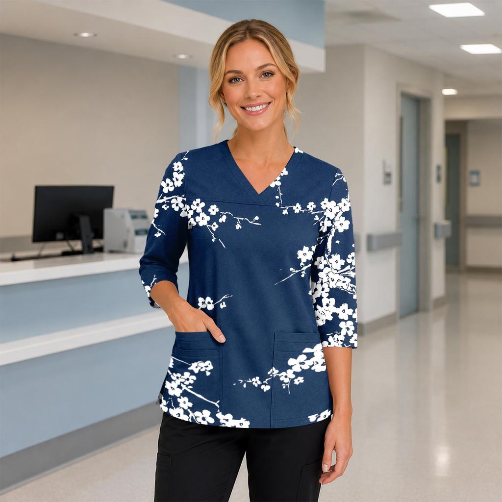 Women's Floral Print V Neck Medical Scrub Top with Pockets Side Slits and Three Quarter Sleeves Lightweight Comfortable Fit