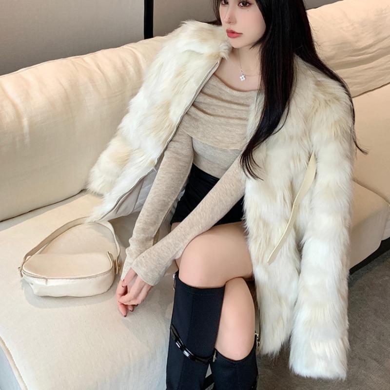 Winter Eleganter Kunstpelzmantel Damen Lederschnalle Plüschmantel