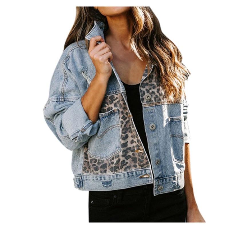 New Loose Denim Jacket Fashion Leopard Print Stitching Hole Denim Jacket Casual Joker Denim Coat