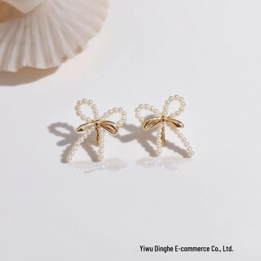 French High-End Pearl Bow Earrings - Niche Design