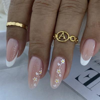 Einfache und frische Blumen-Nagelkunstfolie Kurze Mandel-Fingernägel Falsche Nägel Französische weiße kurze Tragenägel-Folie