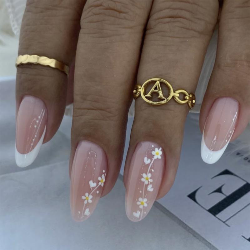 Simple and fresh flower nail art film Short almond nail fake nail French white short wearing nail film