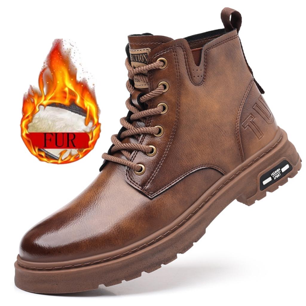 Móda Zima Plus Sametová kůže Pánské kotníkové boty Outdoor Ležérní obuv Bojové boty se silnou podrážkou Teplé pracovní boty Klasické ručně vyráběné boty