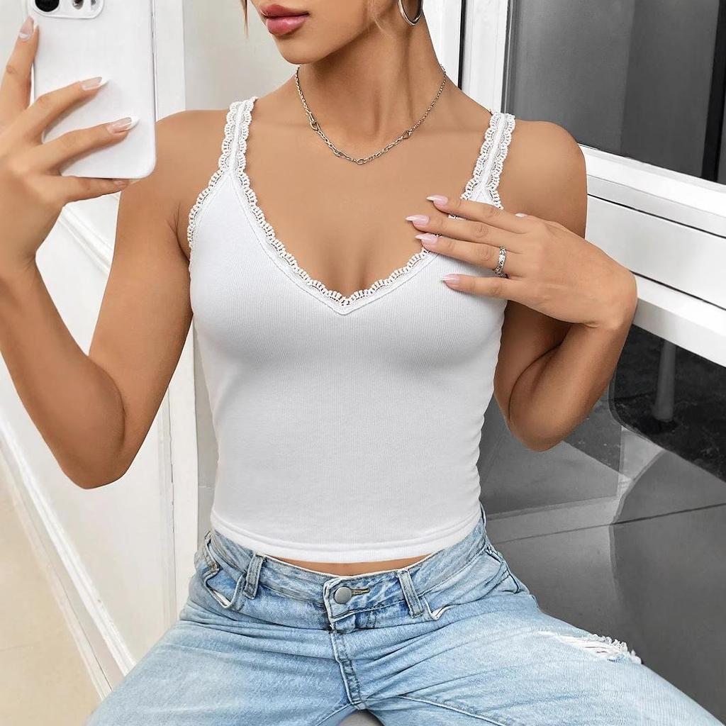 Women's European and American V-Neck Lace Velvet Camisole Top - Casual and Versatile