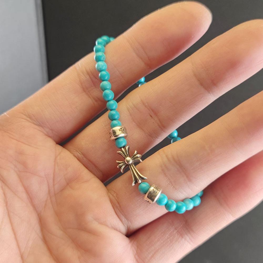 4MM Turquoise Silver Bead Bracelet 925 Silver Punk Hip Hop Retro Trend Personality Jewelry