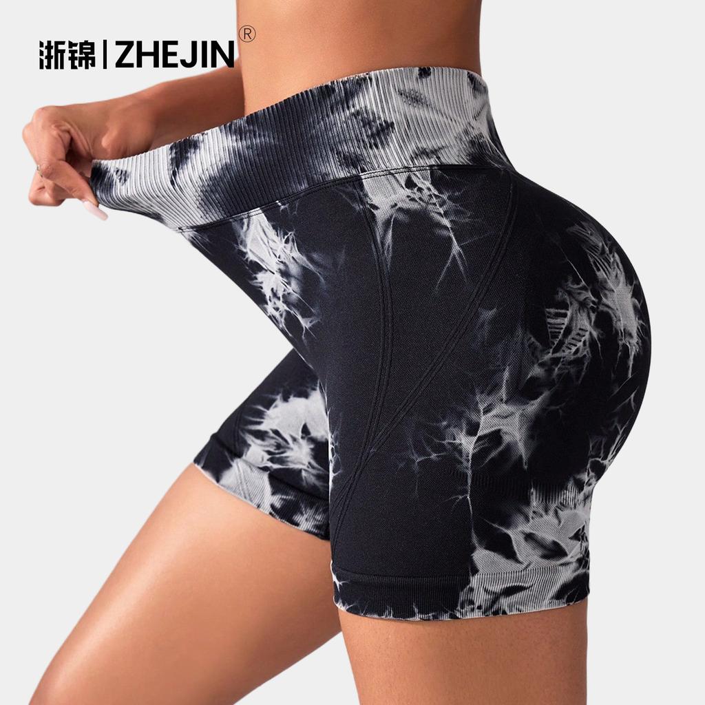 Sports shorts peach hip-lifting pants high waist tight belly yoga fitness pants tie-dye tie-bleach sports tight shorts