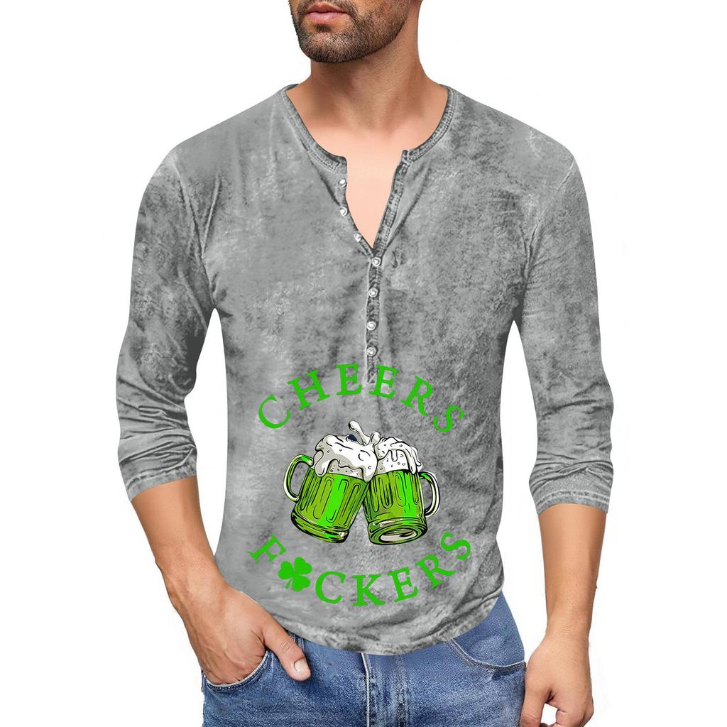 Men'S Printed T-Shirt Outdoor Retro Button Loose Long Sleeve Top
