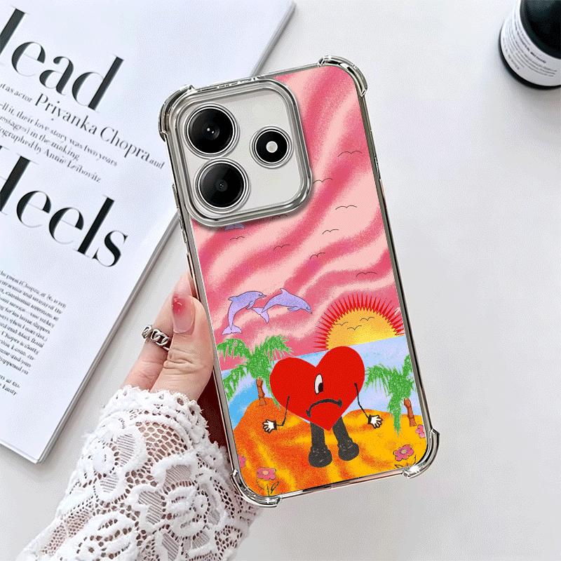 Bad Bunny Heart Plating Phone Case For Xiaomi Redmi Note 14 15 Pro Plus 13 12 11 11S 11T 10 9S 9 5G Anti-Fall Airabag Cover