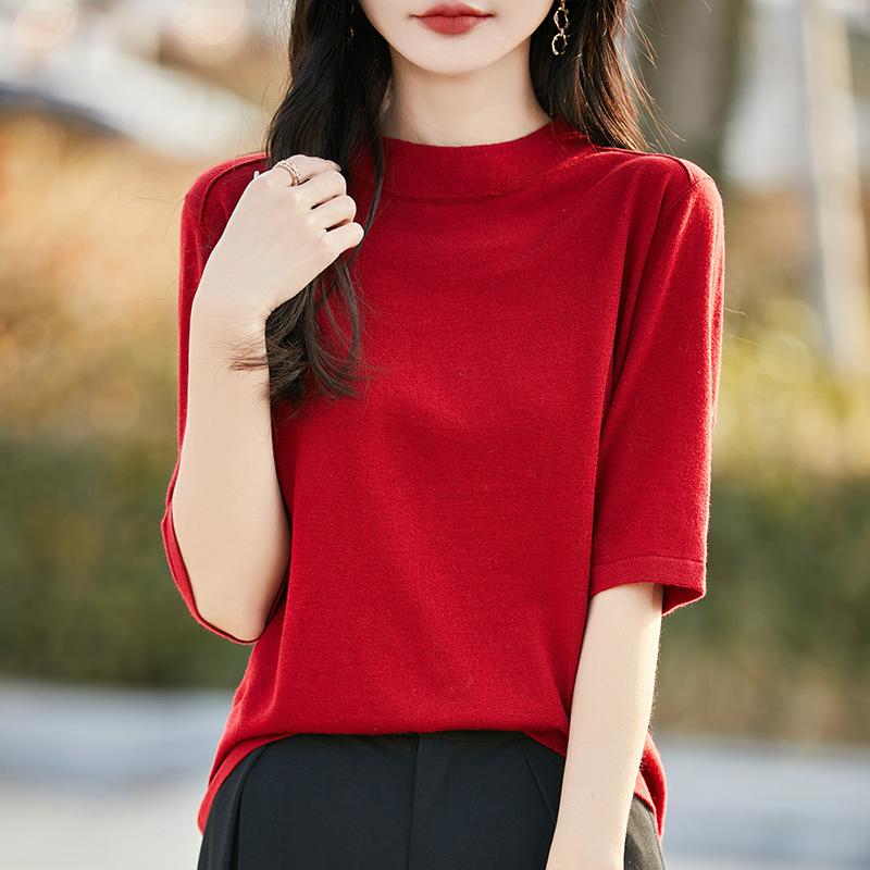 Half-high Round Neck Knit Short-sleeve Top, 2026 Spring-summer New Women's Solid Color Pullover Base Shirt