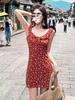 Women's French Retro Red Floral Spaghetti Strap Dress - Early Spring 2025 Edition, Petite Waist-Slimming Design.