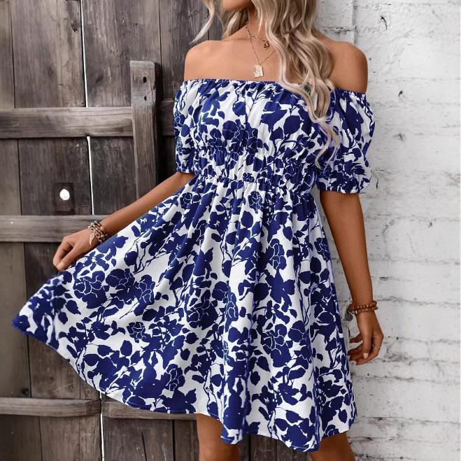 New printed casual off-the-shoulder dress short-sleeved loose floral print dress