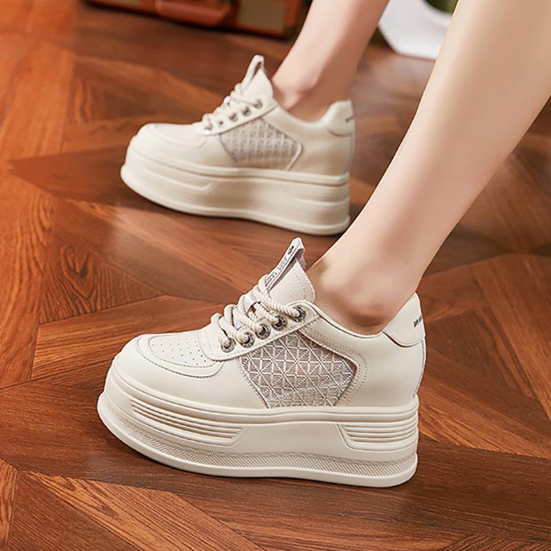 Platform White Shoes Women's 2025 New Spring Hollow Mesh Casual Shoes Versatile Small Inner Height Increase Women's Shoes