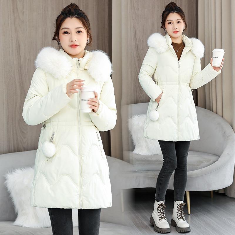 White Fur Collar Waist Padded Clothes Women's Winter New Medium and Long Hooded Padded Clothes Casual Padded Jacket