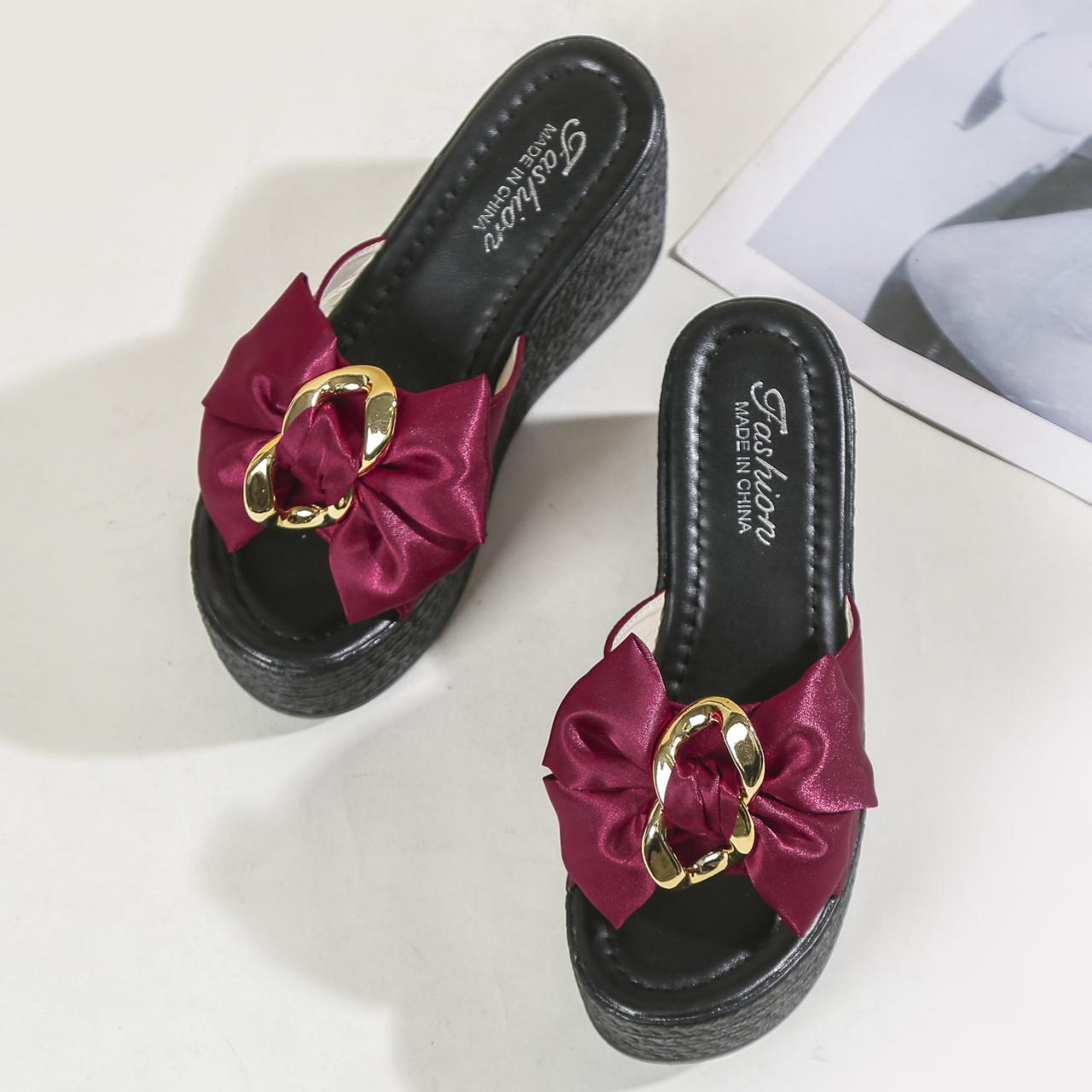 

Летние женские босоножки на танкетке, модные атласные банты, дизайнерские тапочки с круглым носком и открытым носком, повседневные тапочки на толстой подошве, Zapatillas Mujer 35 красный