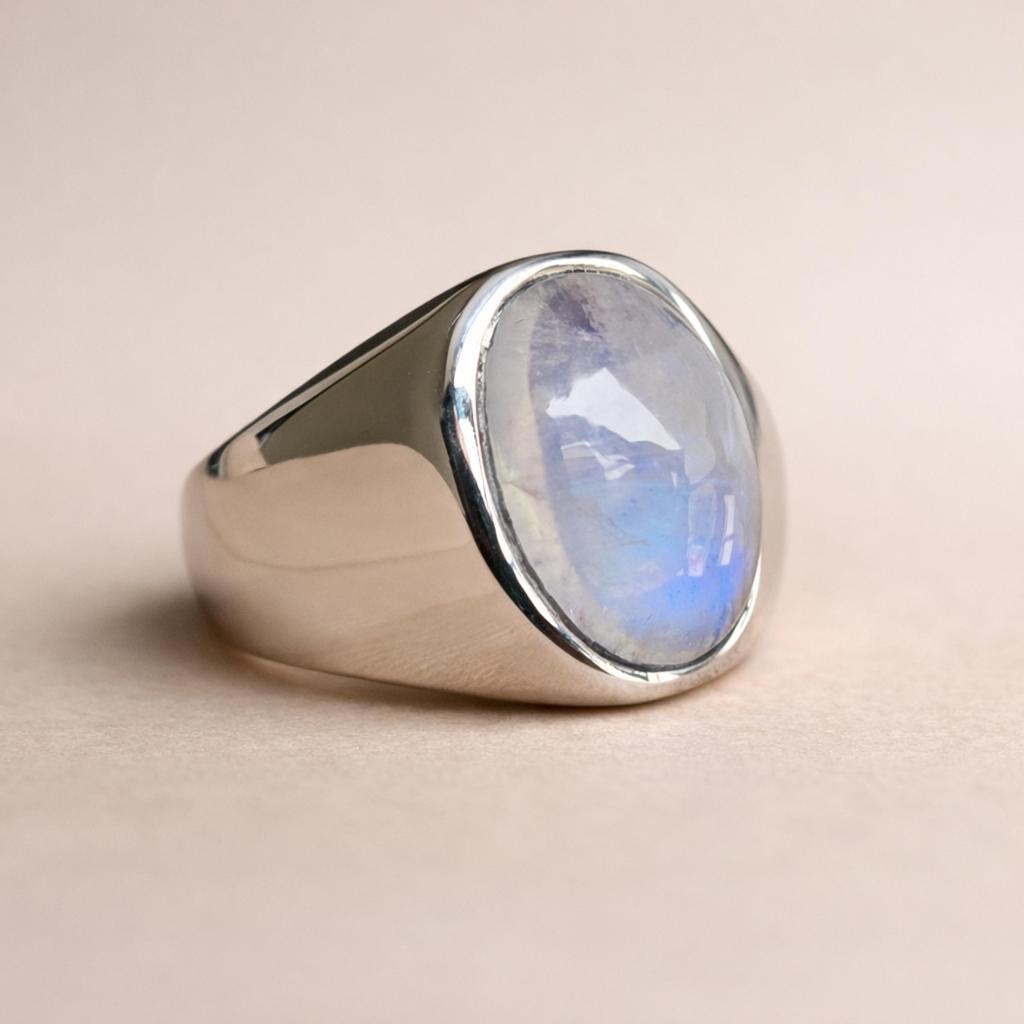 Inel cu piatră de lună curcubeu, inel cu sigiliu, piatră prețioasă în formă ovală, argint solid 925, inel pentru bărbați, inel pentru femei