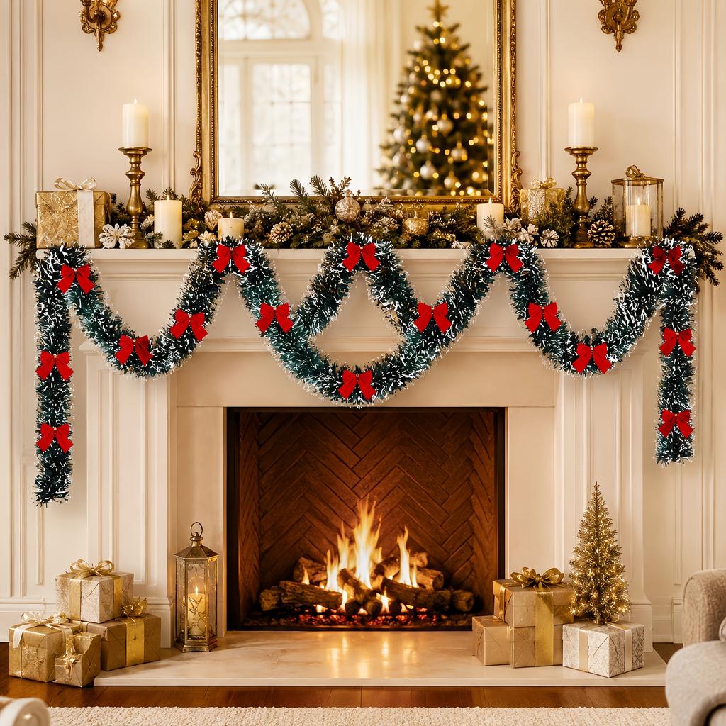 28-Piece Red Bow & Green Christmas Tinsel Garland - Dense & Shiny Holiday Sequin Party Wreath for Tree and Indoor/Outdoor Decor