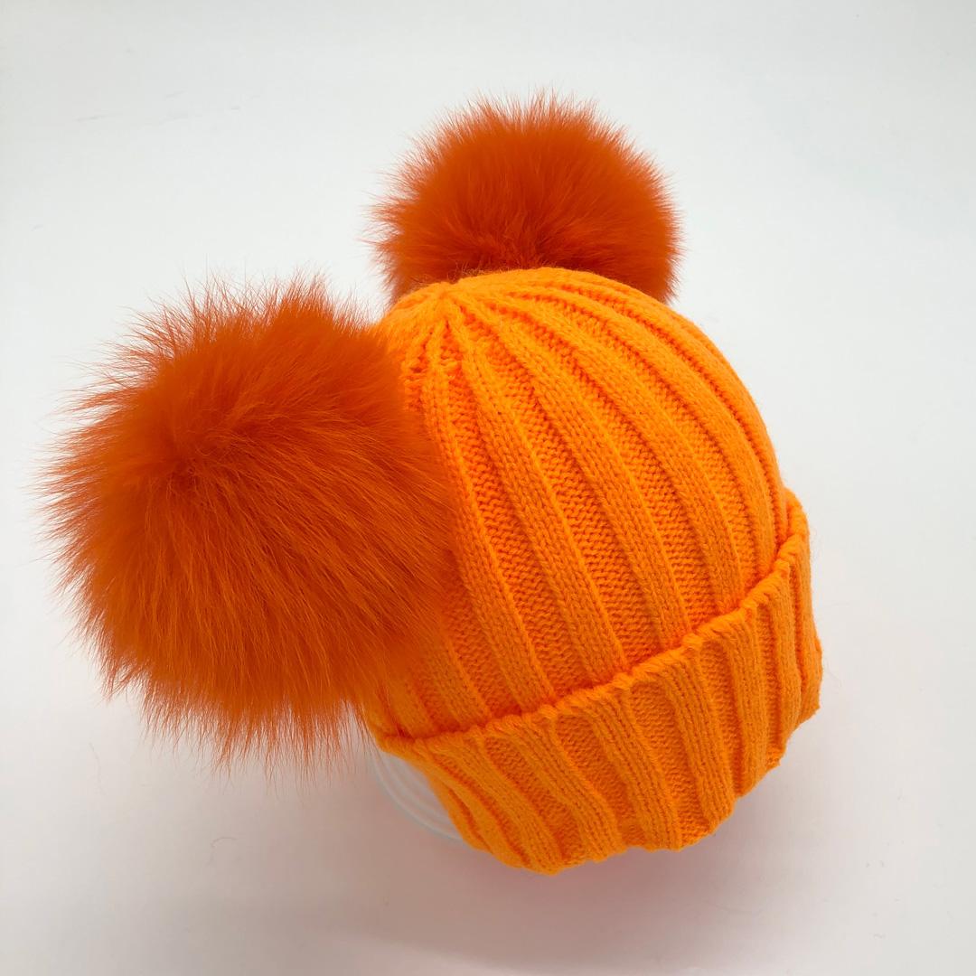 Custom Labels Double Pom Pom Baby Toddler Children Winter Beanie Knitted Hats With Fur Pompom