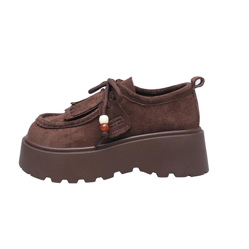 2025 Retro Round Head Lace-up Women's Shoes British Style Platform Versatile Small Fringed Loafers Women's Single Shoes Trend