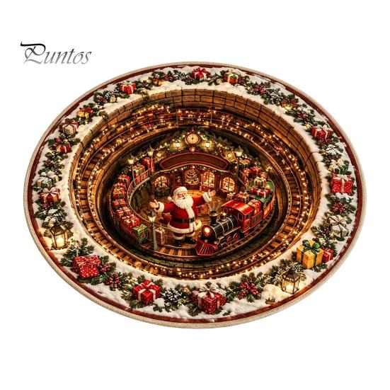 Winter Welcome Mat 3D Christmas Round Rug, Optical Illusion Area Santa Claus Deep Hole Festive Indoor Floor Prints, Non-slip Rug for Entrance